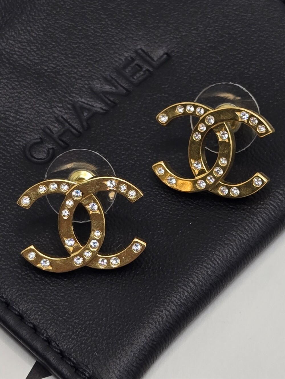 #174 - CHANEL B24K Rhinestone Coco Mark Earrings, Gold